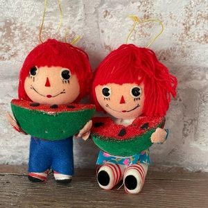 Vintage Japan Felt Raggedy Ann & Andy Eating Watermelon Christmas Ornaments.